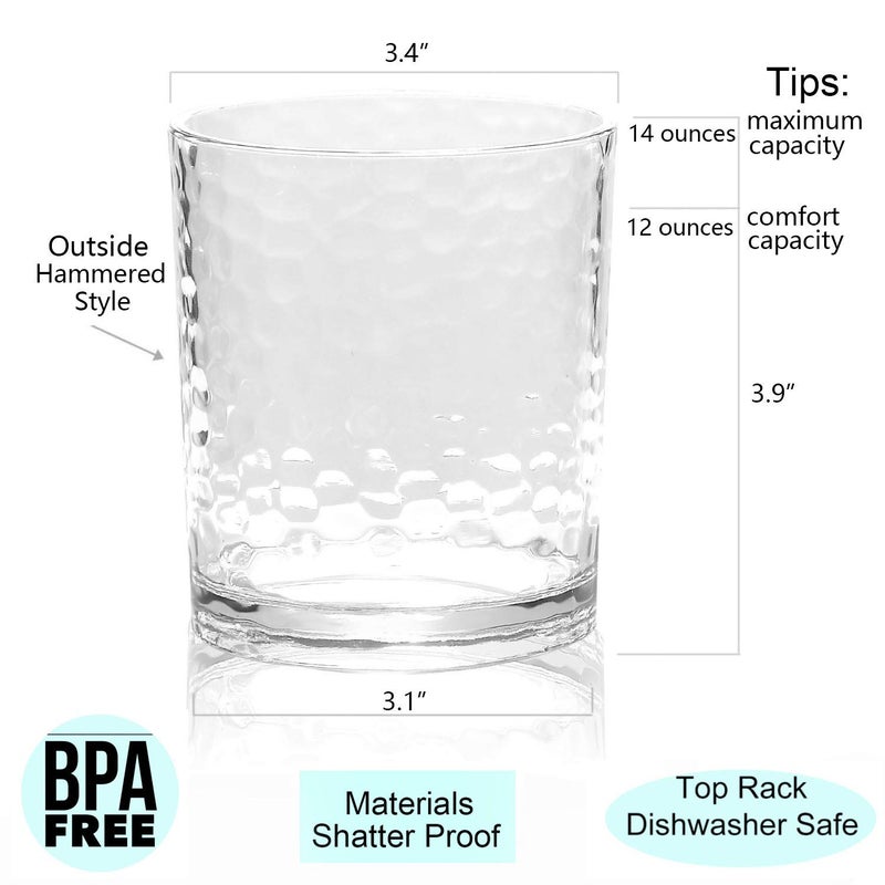 KX-WARE 14-ounce Acrylic Glasses Plastic Tumbler, set of 6 Clear - Hammered Style, Dishwasher Safe, BPA Free - Image 2